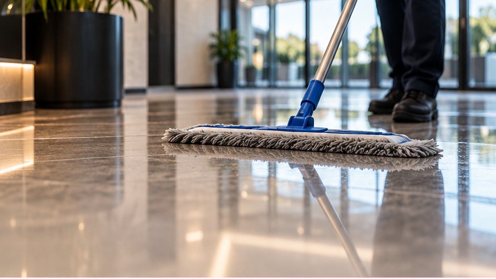 Commercial floor cleaning in a modern lobby