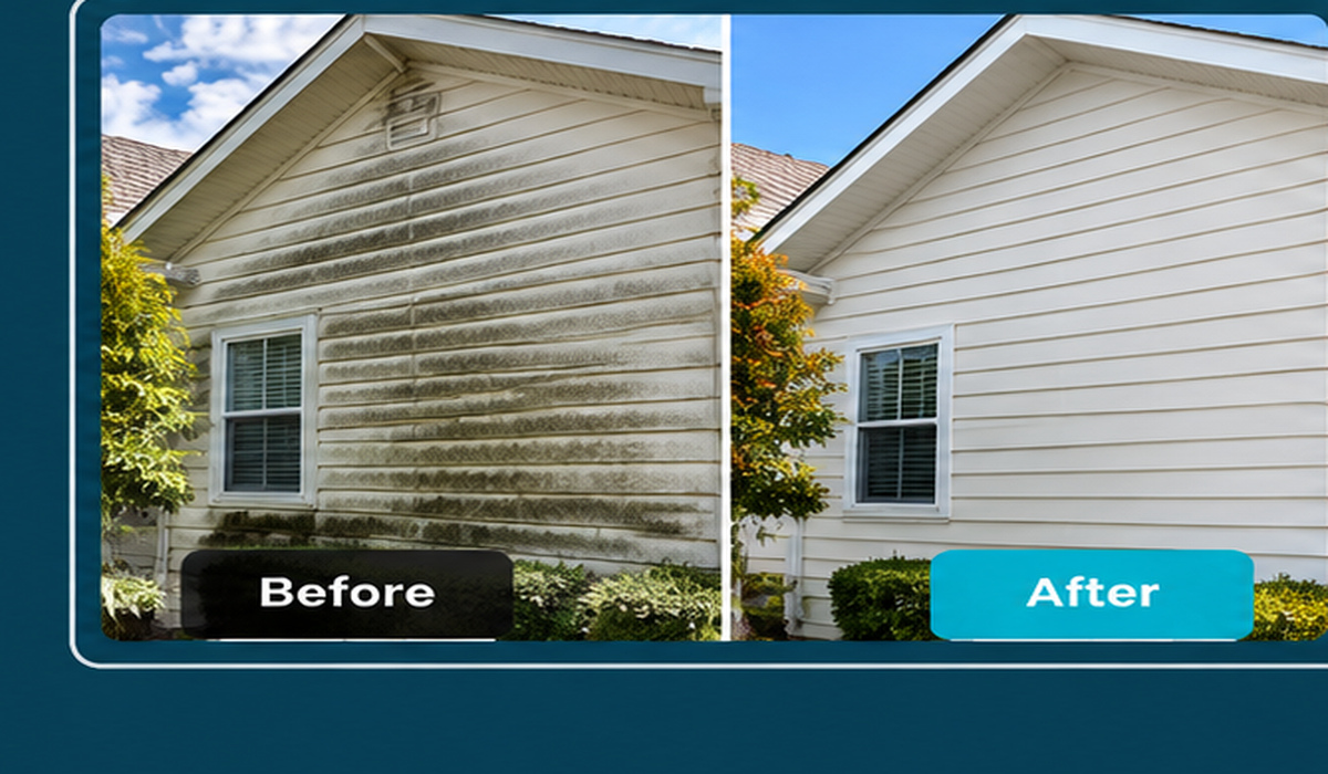 Before and after exterior soft washing